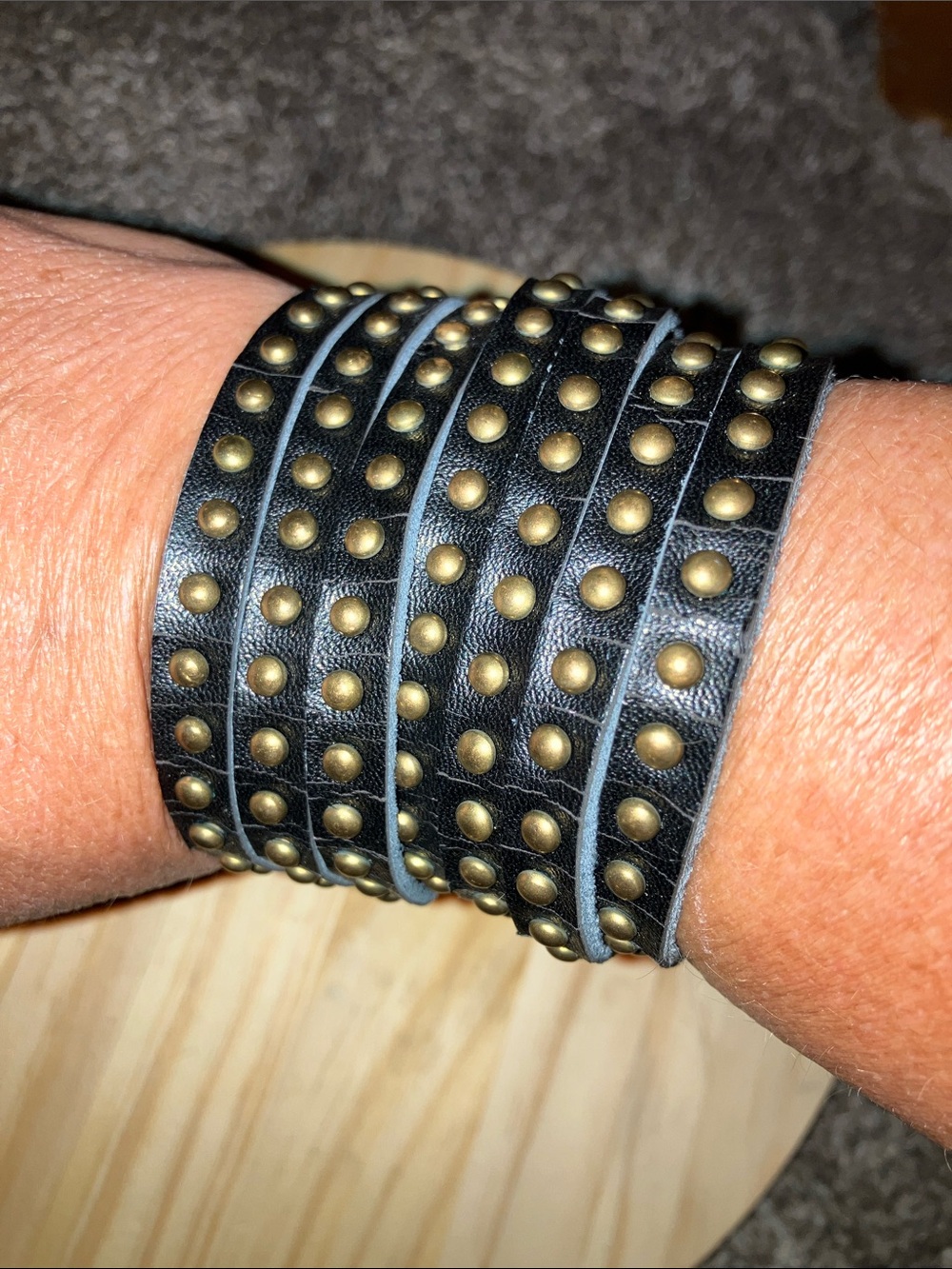 Yik Fung Genuine Leather Black Studded Multi‑Wrap Bracelet